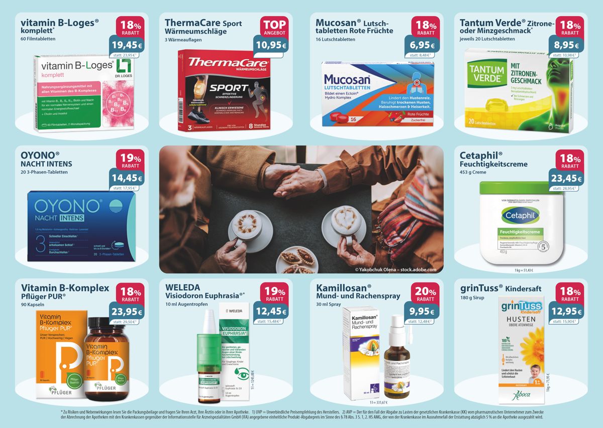 Aktuelle Monatsangebote Ihrer Apotheke Monatlicher Angebotsflyer der Apotheke mit Informationen zu Öffnungszeiten, Leistungen, Aktionen und wechselnden Produkten aus Gesundheit und Pflege.