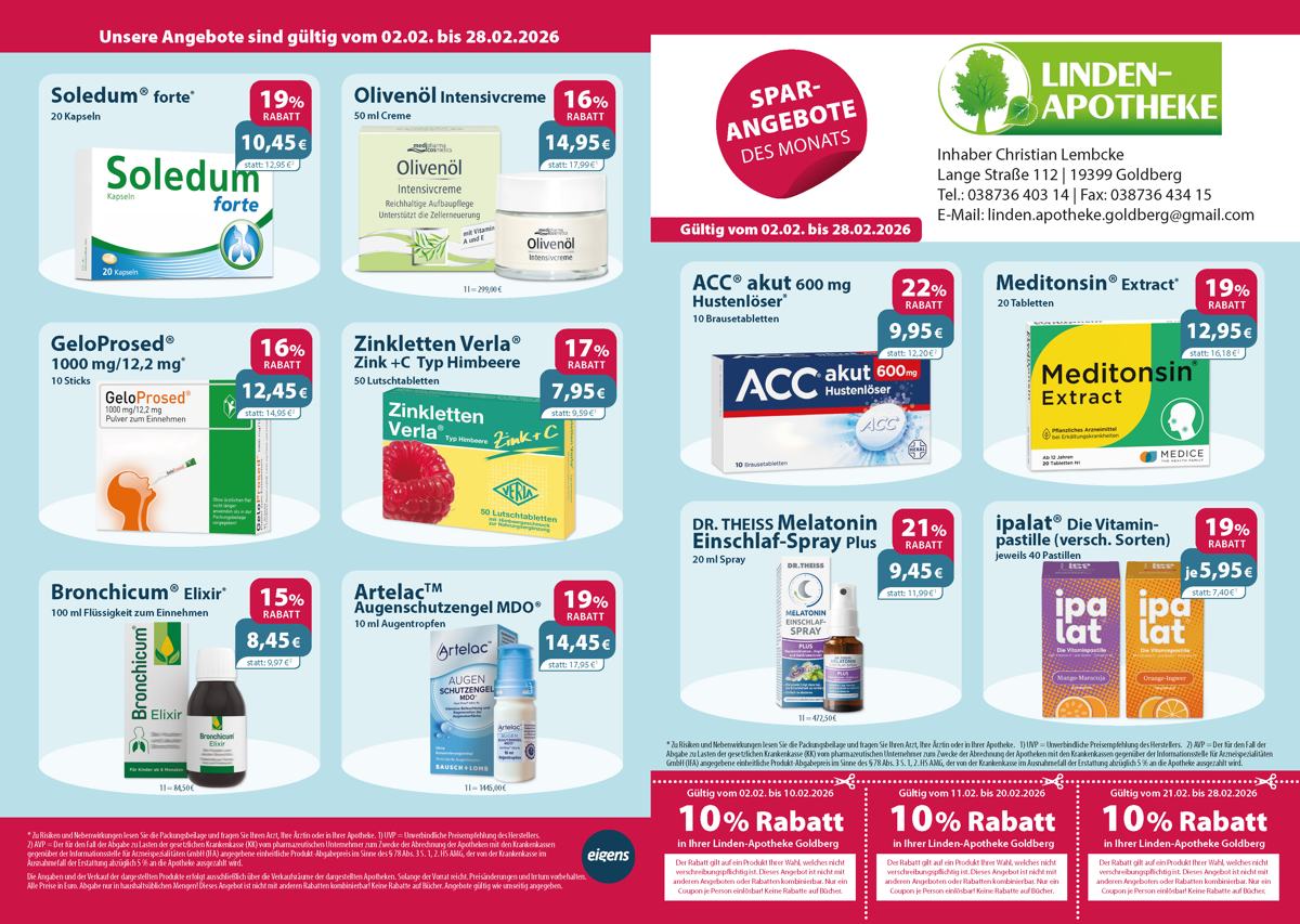 Monatsangebote der Linden-Apotheke Monatlicher Angebotsflyer der Apotheke mit Informationen zu Öffnungszeiten, Leistungen, Aktionen und wechselnden Produkten aus Gesundheit und Pflege.