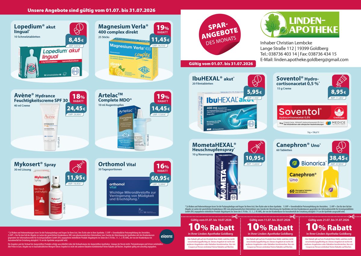 Monatsangebote der Linden-Apotheke Monatlicher Angebotsflyer der Apotheke mit Informationen zu Öffnungszeiten, Leistungen, Aktionen und wechselnden Produkten aus Gesundheit und Pflege.